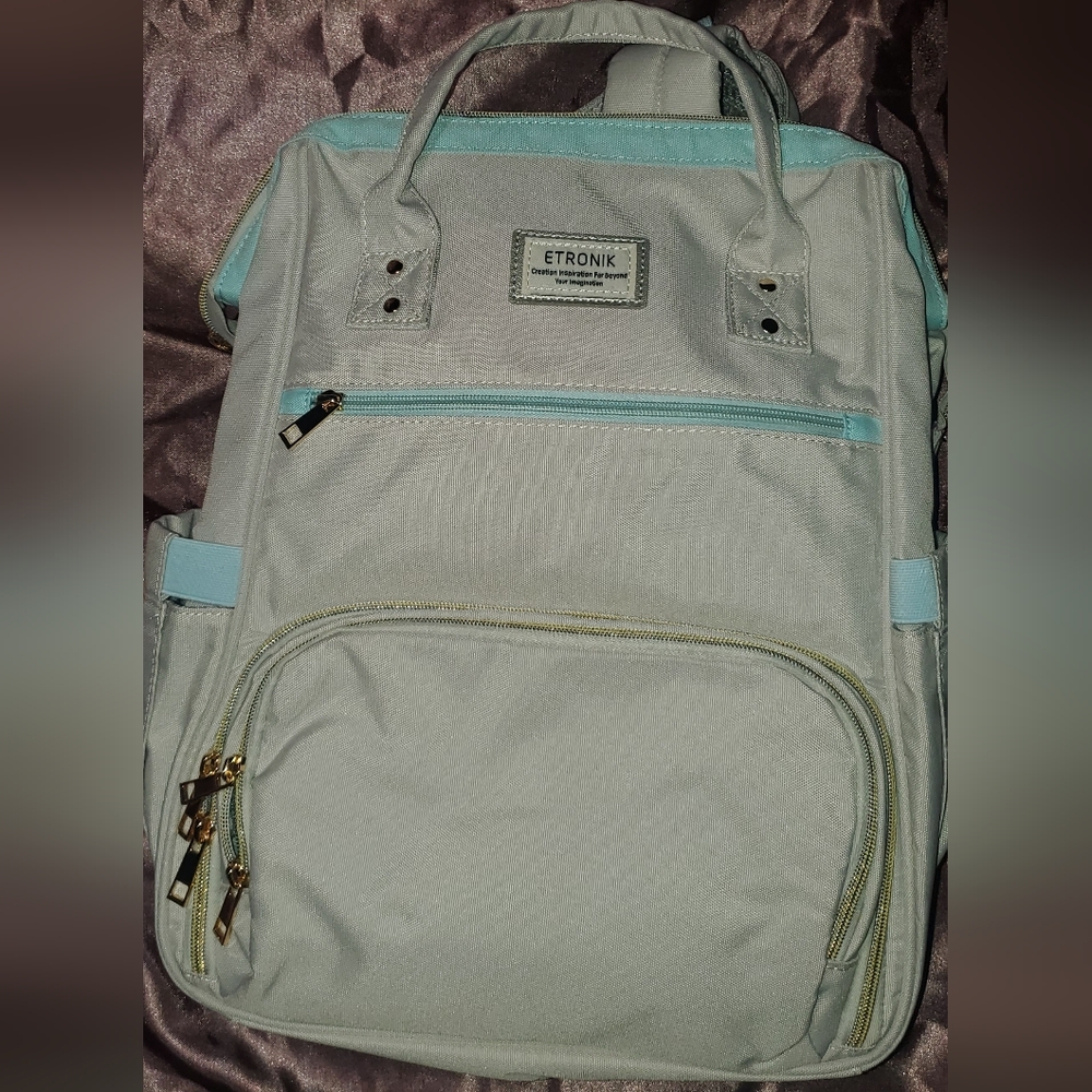 ETRONIK Lunch Backpack is 2-in-1 lunch and laptop bag light grey with blue/teal